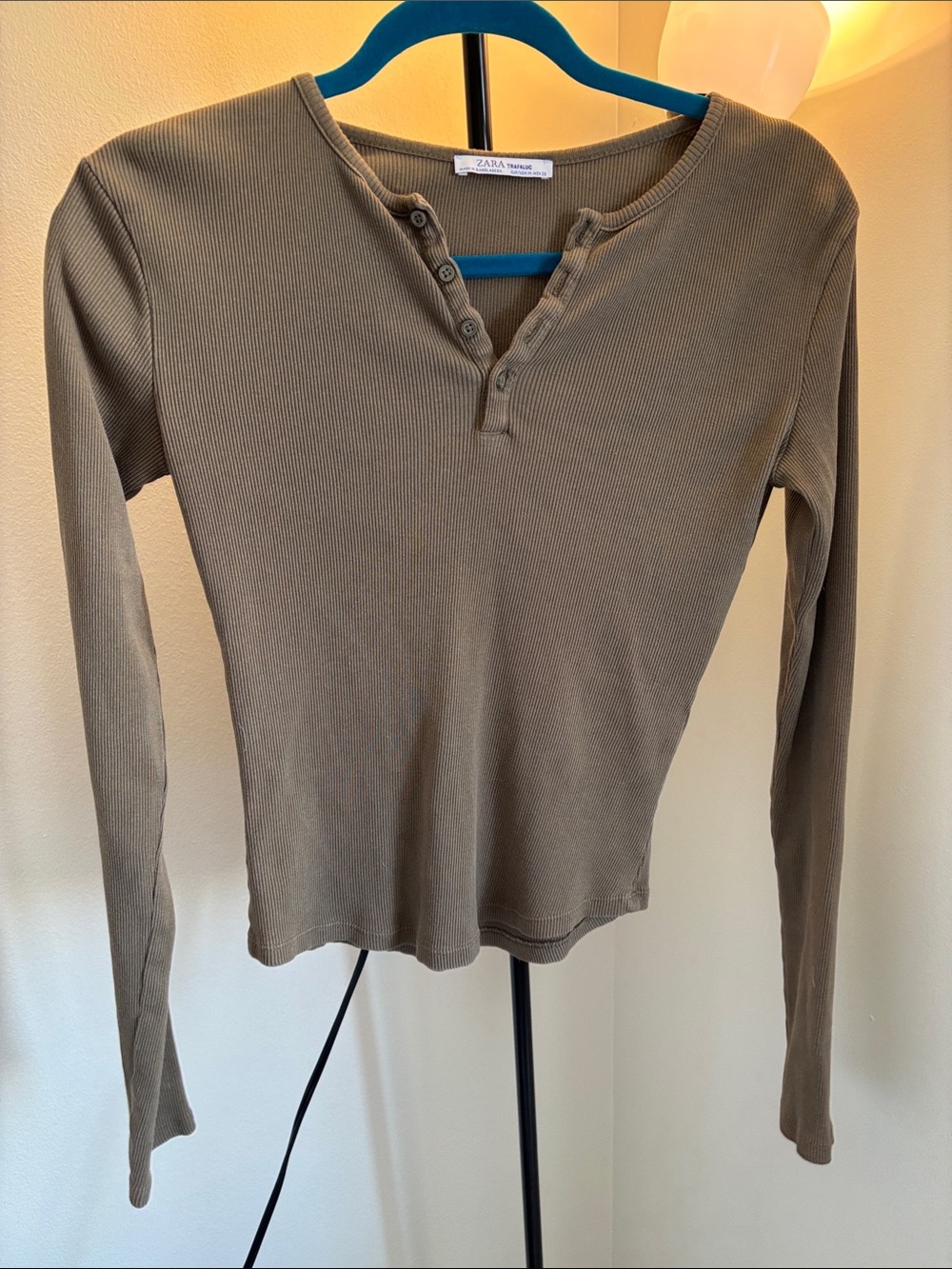 ZARA Olive Green Ribbed Long-Sleeve Henley Top